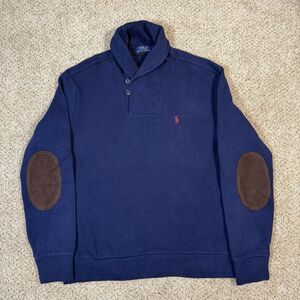 Vtg Polo Ralph Lauren Navy Shawl Neck Sweater Large Faux Suede Elbow Patch Pony